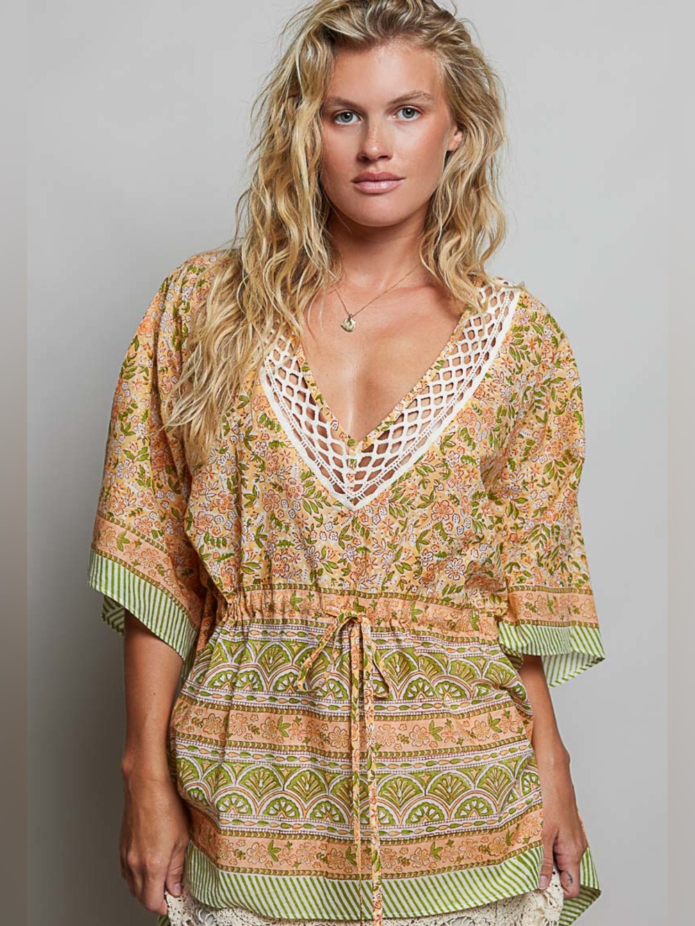 💗Hello Heartbreaker! POL Block Print Floral Tie Front Boho Blouse-Coral Multi
